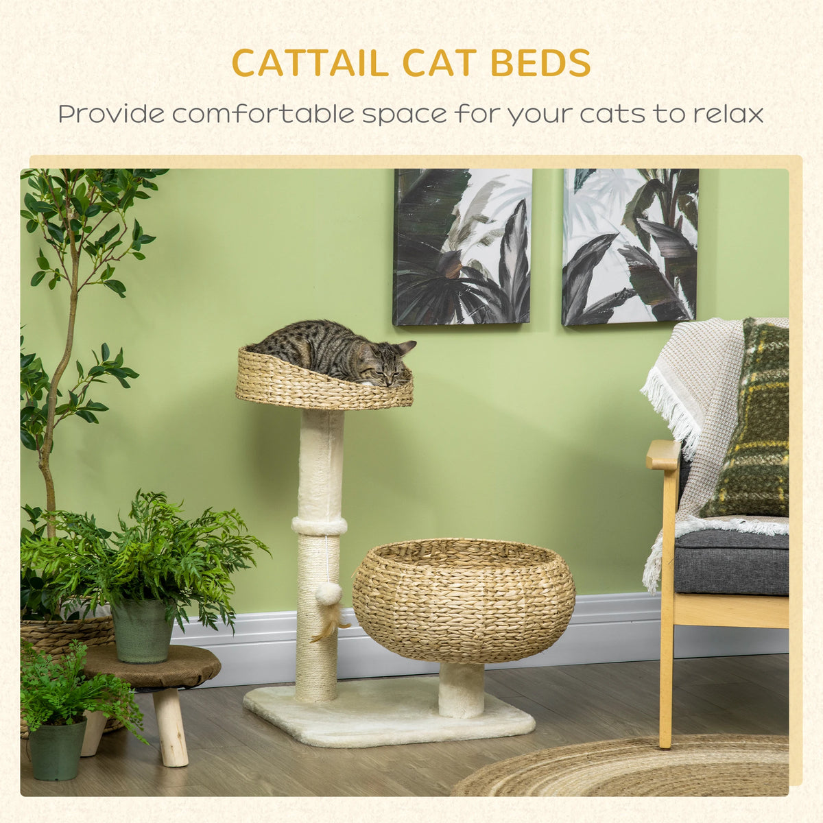 PawHut 72cm Cat Tree Kitten Tower 2 Beds Scratching Post Toy Ball Beige