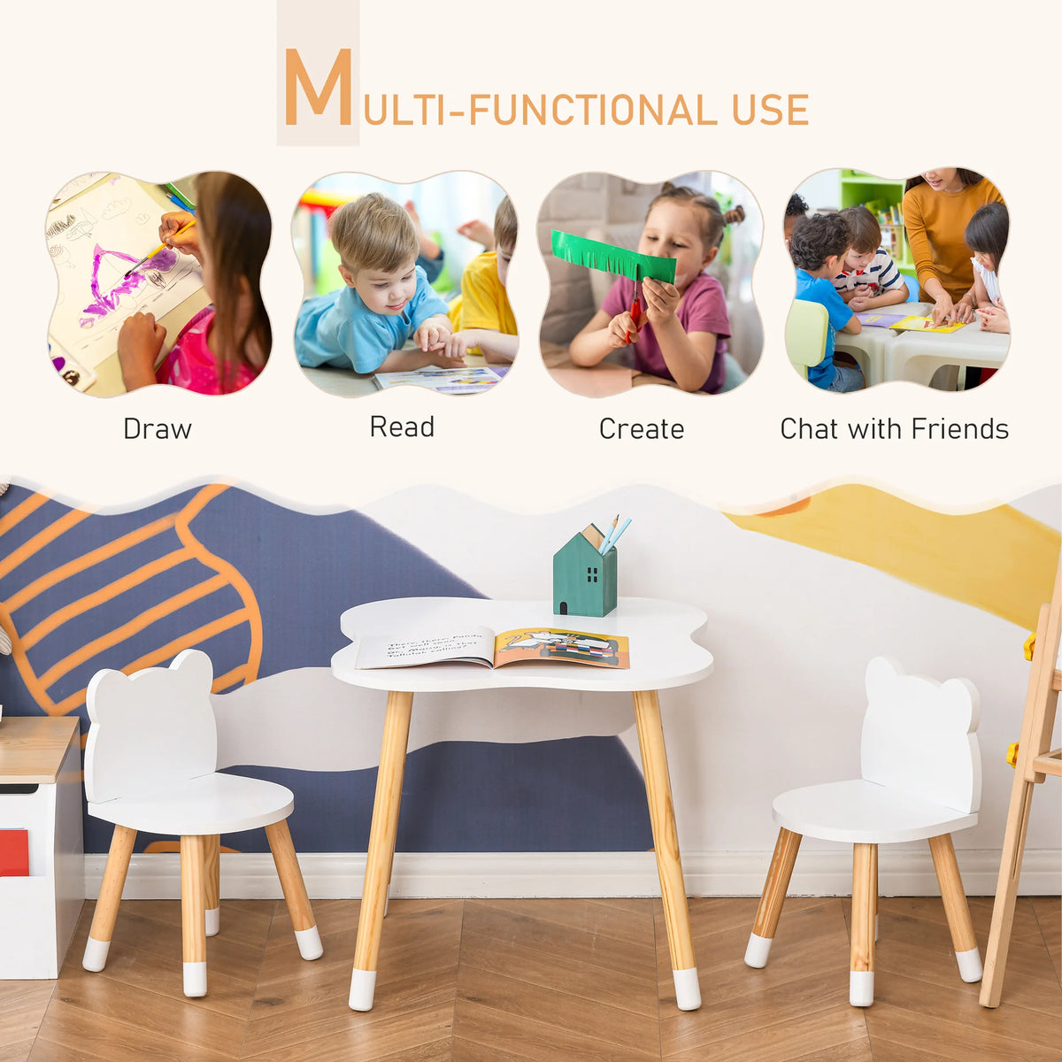 3 Piece Kids Table and Chair Set with 2 Bear Shaped Chairs MDF Solid Pine Legs Wipe Clean White
