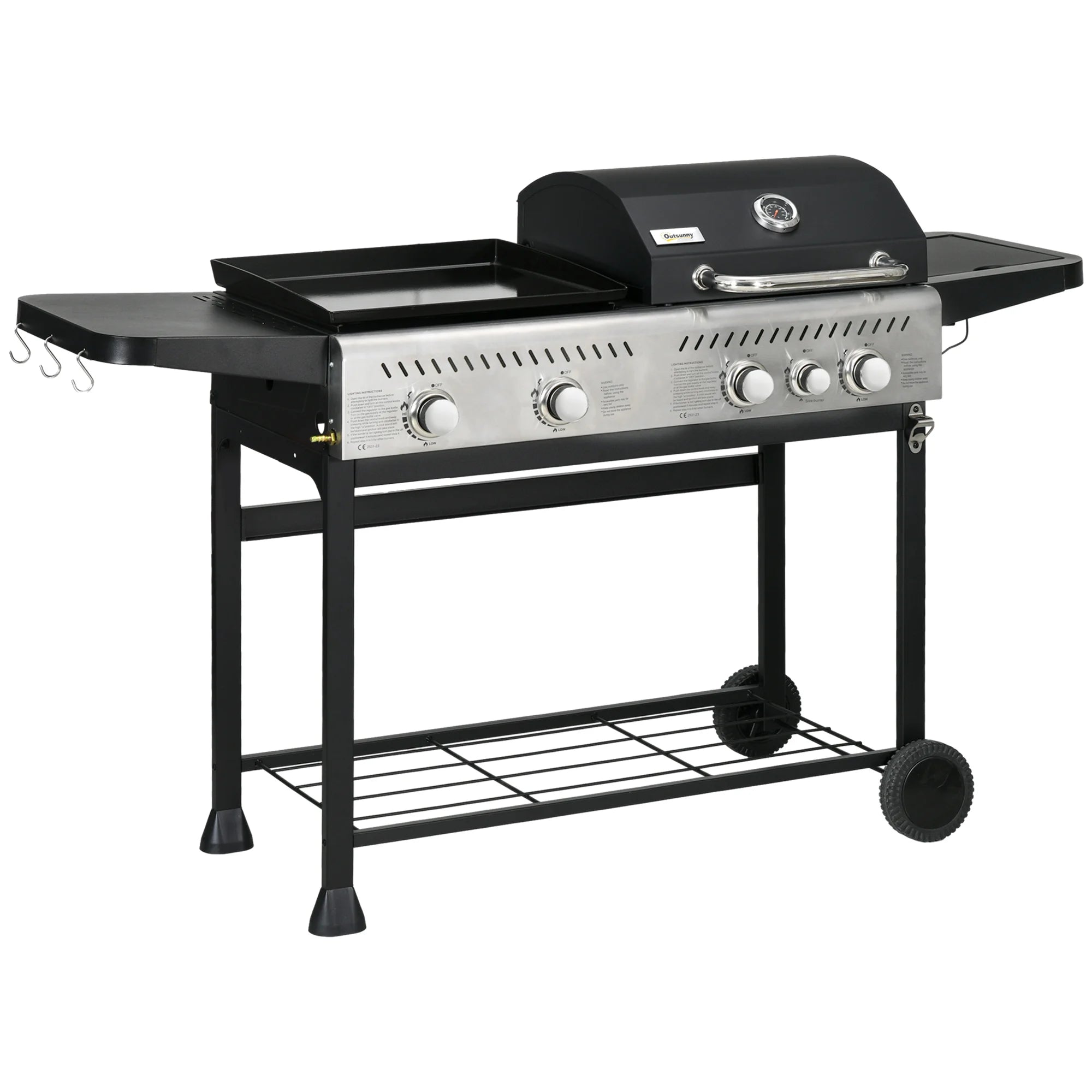 Gas BBQ Grill and Plancha 15kW with 4 Plus 1 Burners Large Cooking Surface Lid Thermometer and Side Burner for Garden Party