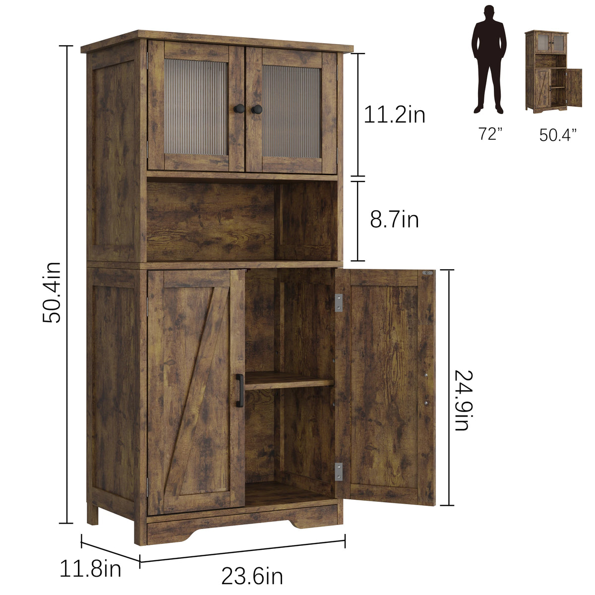 54 Inch Tall Kitchen Pantry Cabinet with Glass Doors and Adjustable Shelves | Freestanding Cupboard for Kitchen Living Room