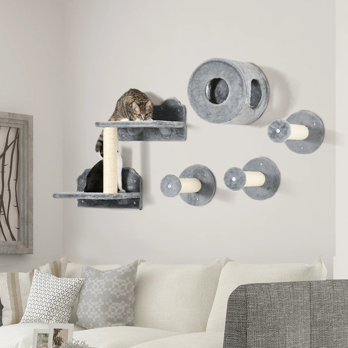 5 Piece Wall Mounted Cat Shelves Set with Cat House Scratching Posts and 6 Levels Plush Grey