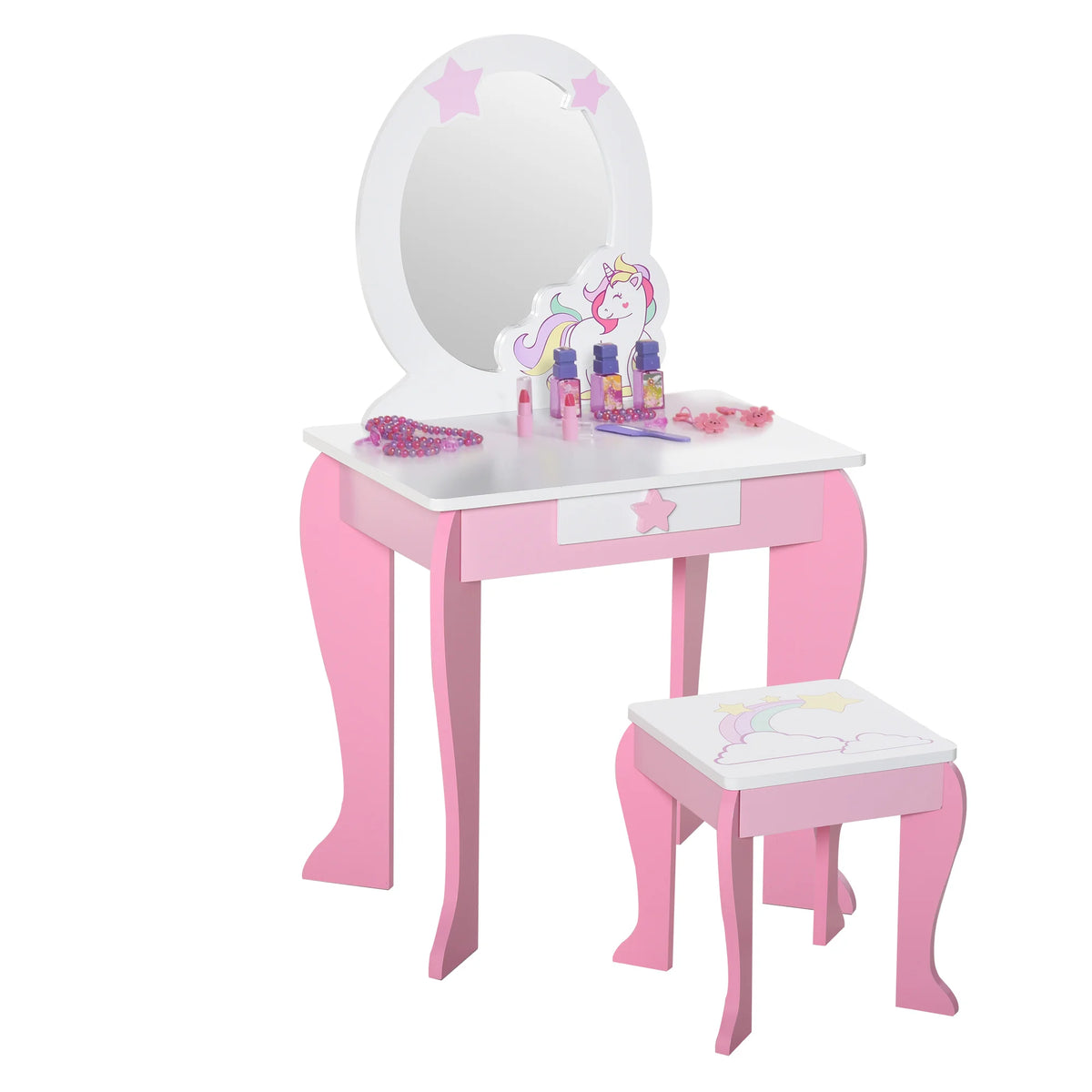 Kids Unicorn Dressing Table with Large Acrylic Mirror Drawer Stool MDF Rounded Edges Ages 3-6 Pink