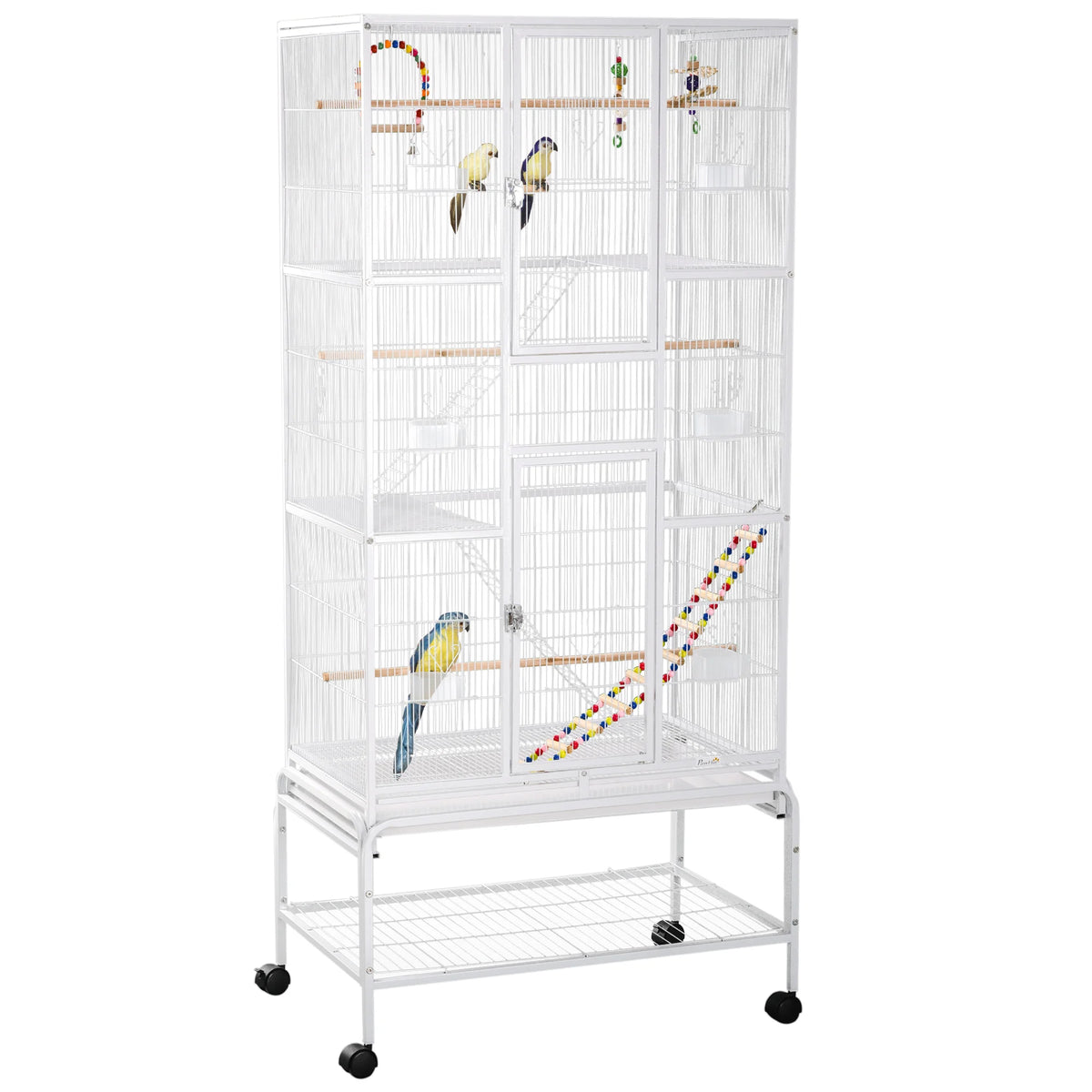 Bird Cage with Stand and Wheels 83x53x180cm 3 Tier Aviary with Perches Ladders and Slide Out Tray White