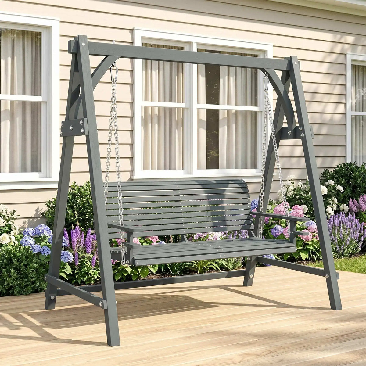 2 Seater Wooden Garden Swing Seat with Cup Trays and Galvanised Chains, Grey