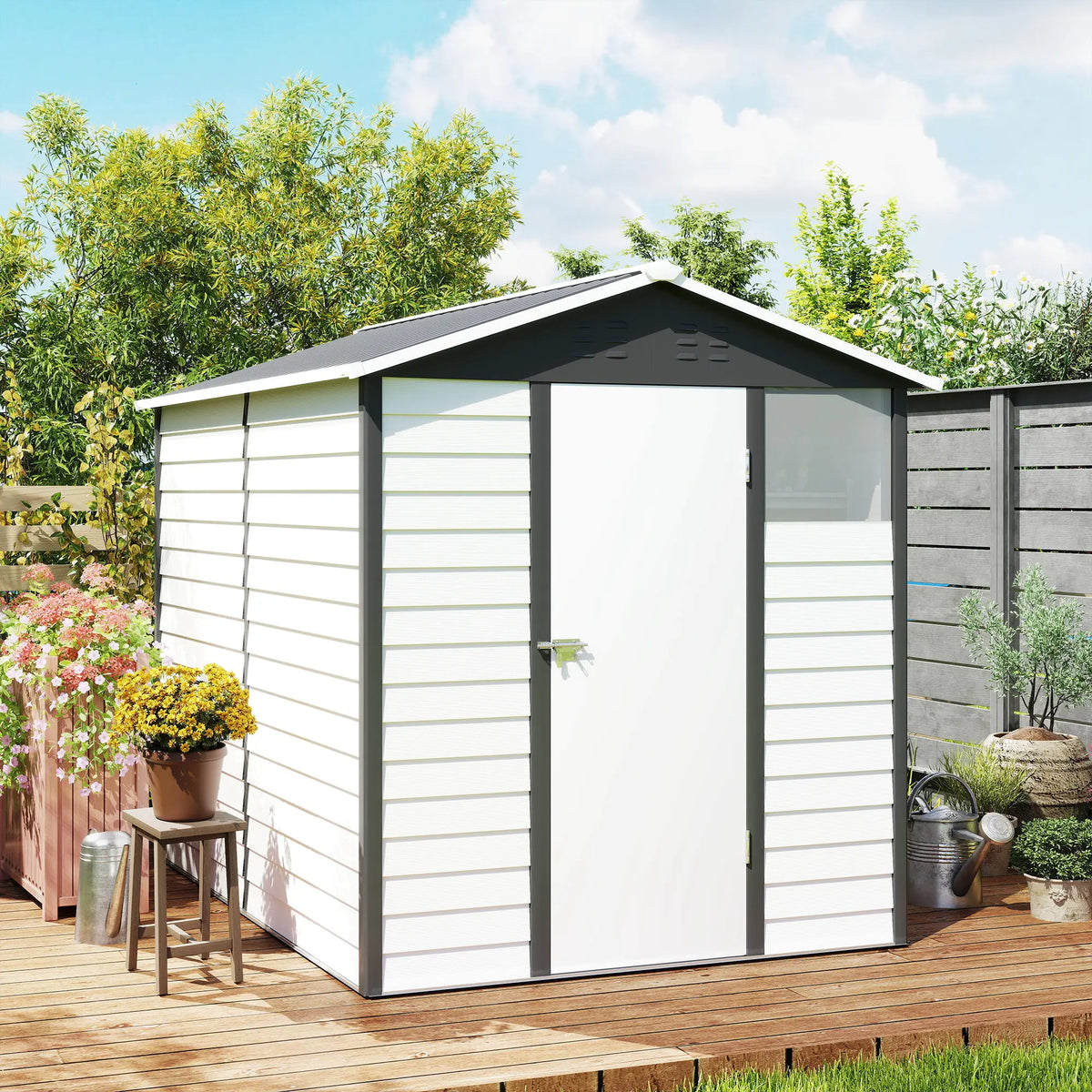 9x6FT Metal Garden Shed Outdoor Storage Shed w/ Sloped Roof Lockable Door Grey