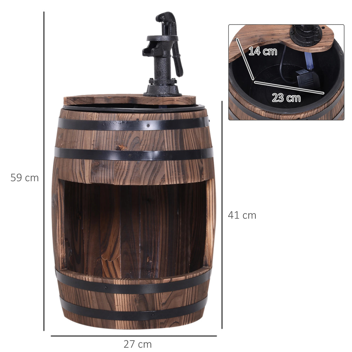 Wood Barrel Garden Fountain Water Feature with Submersible Pump Adjustable Flow Solid Fir Wood Retro
