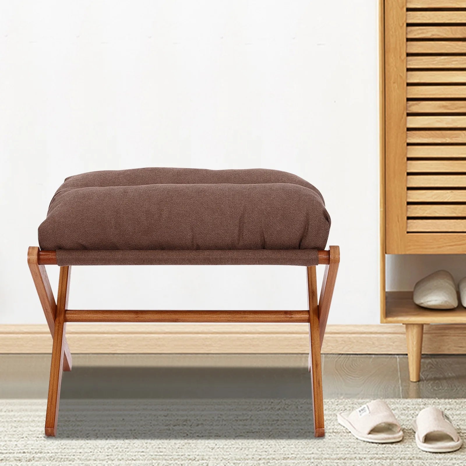 Folding Bamboo Footstool with Cushion | Brown Foot Rest for Sofa Bed Living Room Bedroom