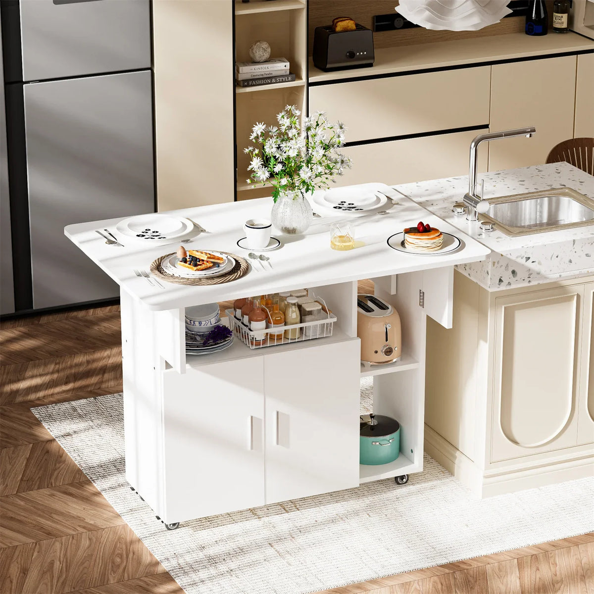 Folding Dining Table on Wheels with Cabinet and Open Shelf | 100cm Mobile Multipurpose Table in White