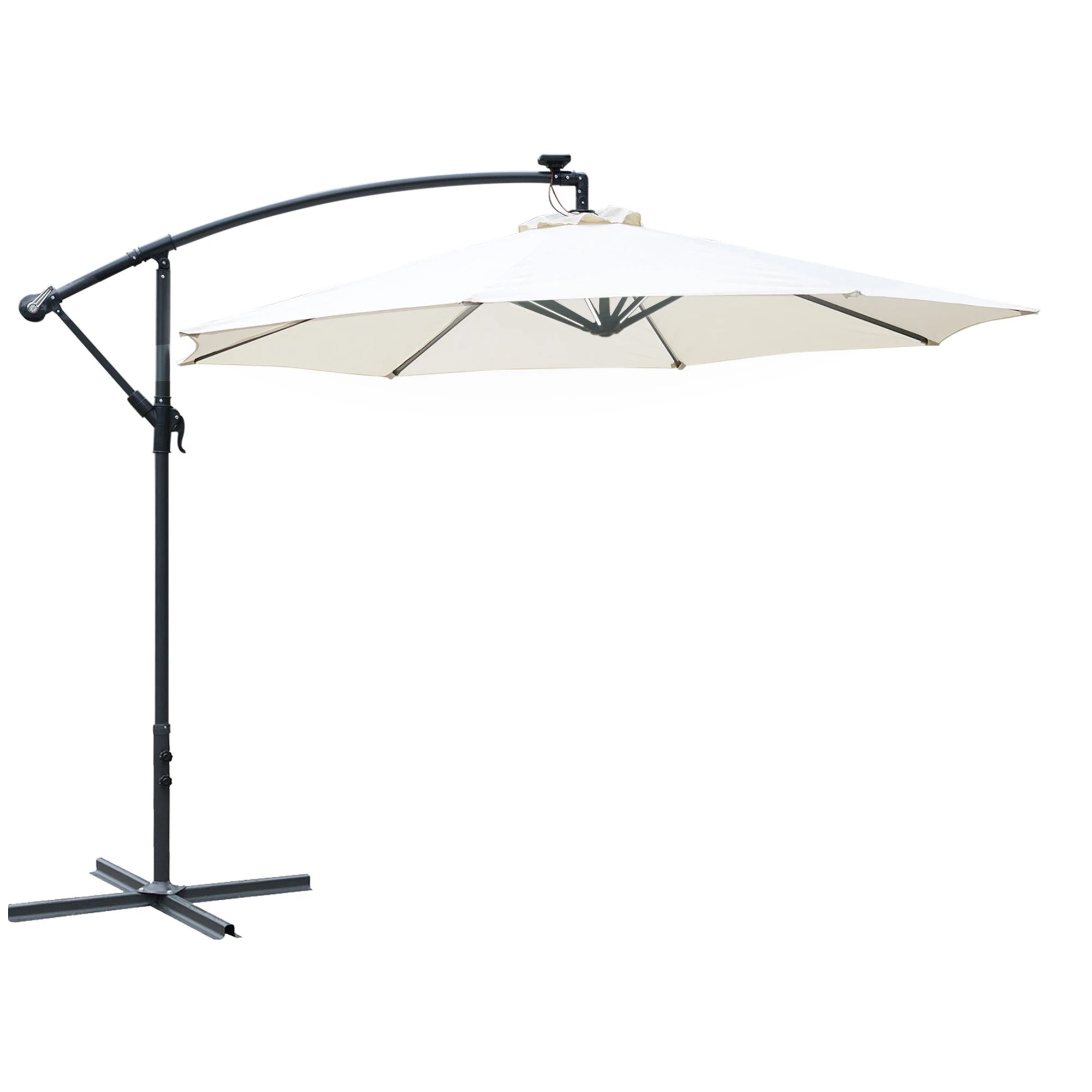 3m Cantilever Banana Parasol with Solar LED Lights Cross Base Crank Handle UV Resistant Garden Umbrella Cream White