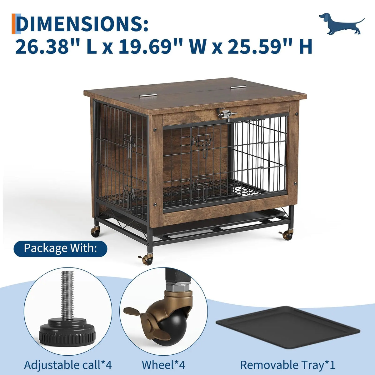 Small Wooden Dog Crate Furniture 26.4x19.7x25.6in 2 Doors Locking Wheels Heavy Duty Indoor Kennel