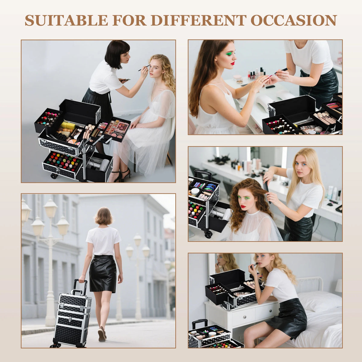 Cosmetology Case on Wheels with Large Trays and Drawers 36-55L PVC Rolling Salon Cart for Barbers and Manicure