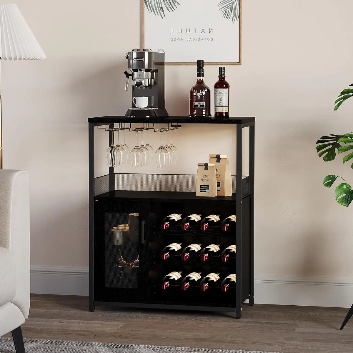 Bar Cabinet with Detachable Wine Rack and Glass Holder | 36 Inch Mesh Door Coffee Bar Cabinet with Adjustable Shelves