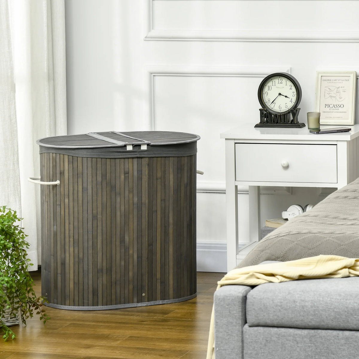 100L Bamboo Laundry Basket with 2 Compartments and Lid