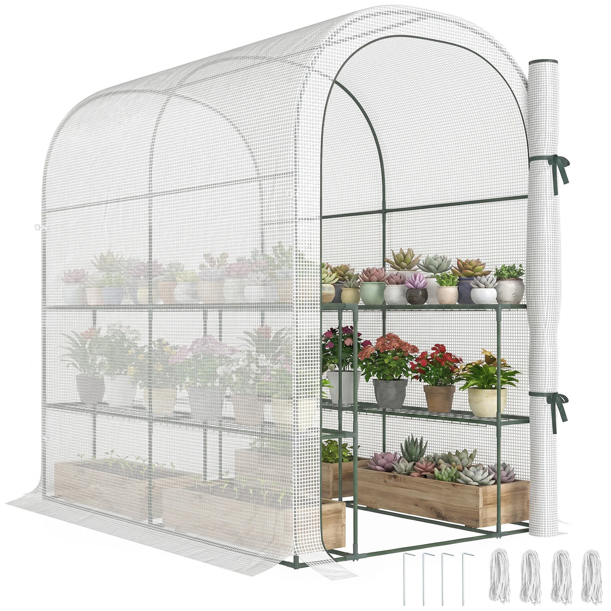 Small Walk-In Greenhouse with Shelves, Roll-Up Door and PE Cover, White
