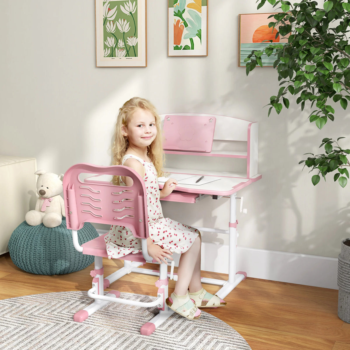 Kids Study Desk and Chair Set Height Adjustable 45 Degree Tilting Top with Drawer Bookshelf and Non Slip Mat