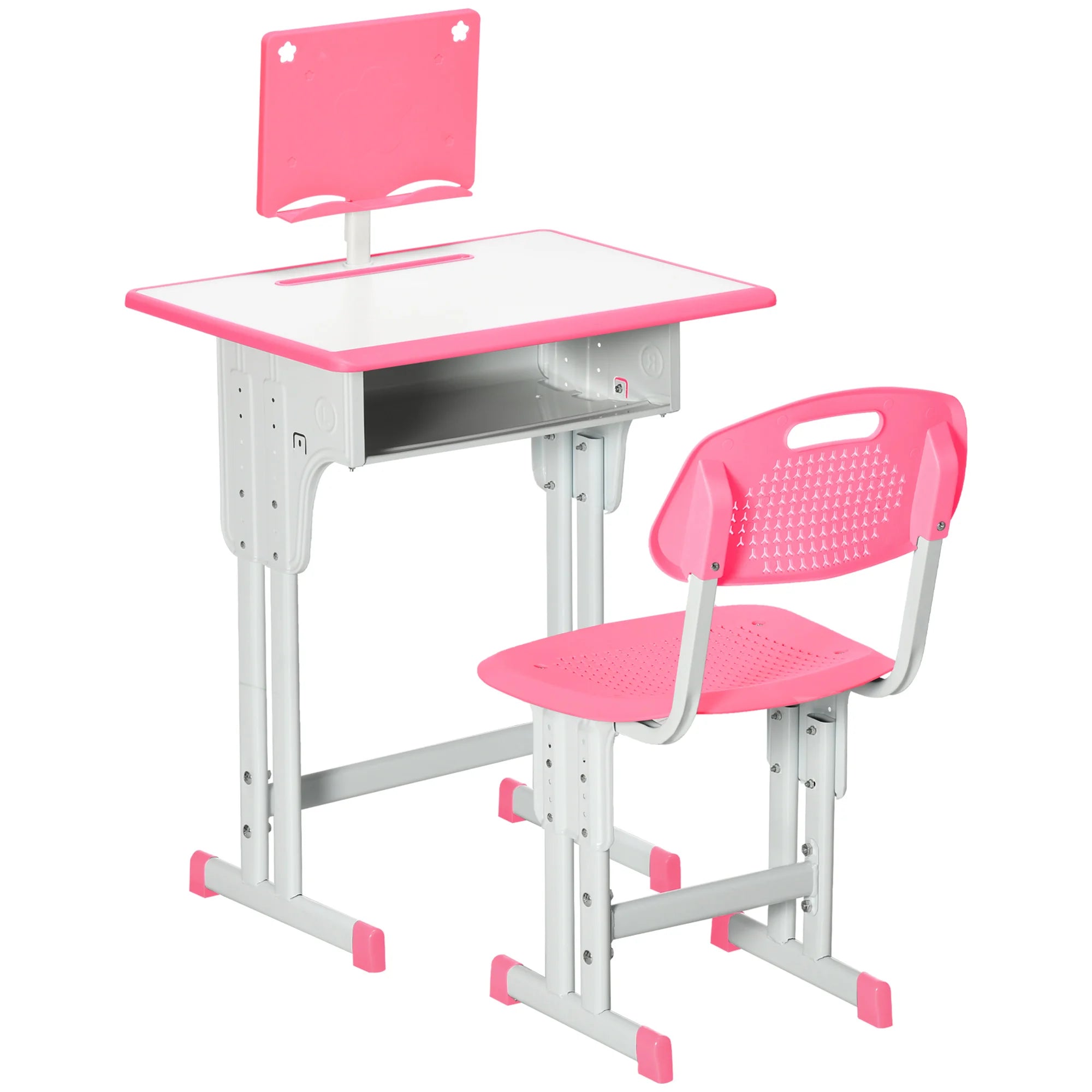 Kids Desk and Chair Set Height Adjustable Study Table with Drawer Book Stand and Pen Slot Ages 6-12