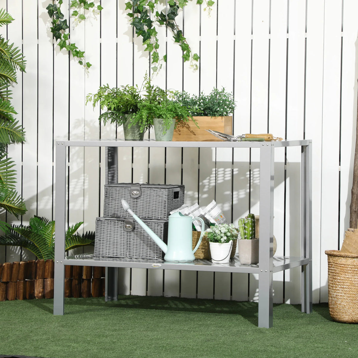 2-Tier Freestanding Plant Stand, Corner Flower Shelf for Indoor and Outdoor