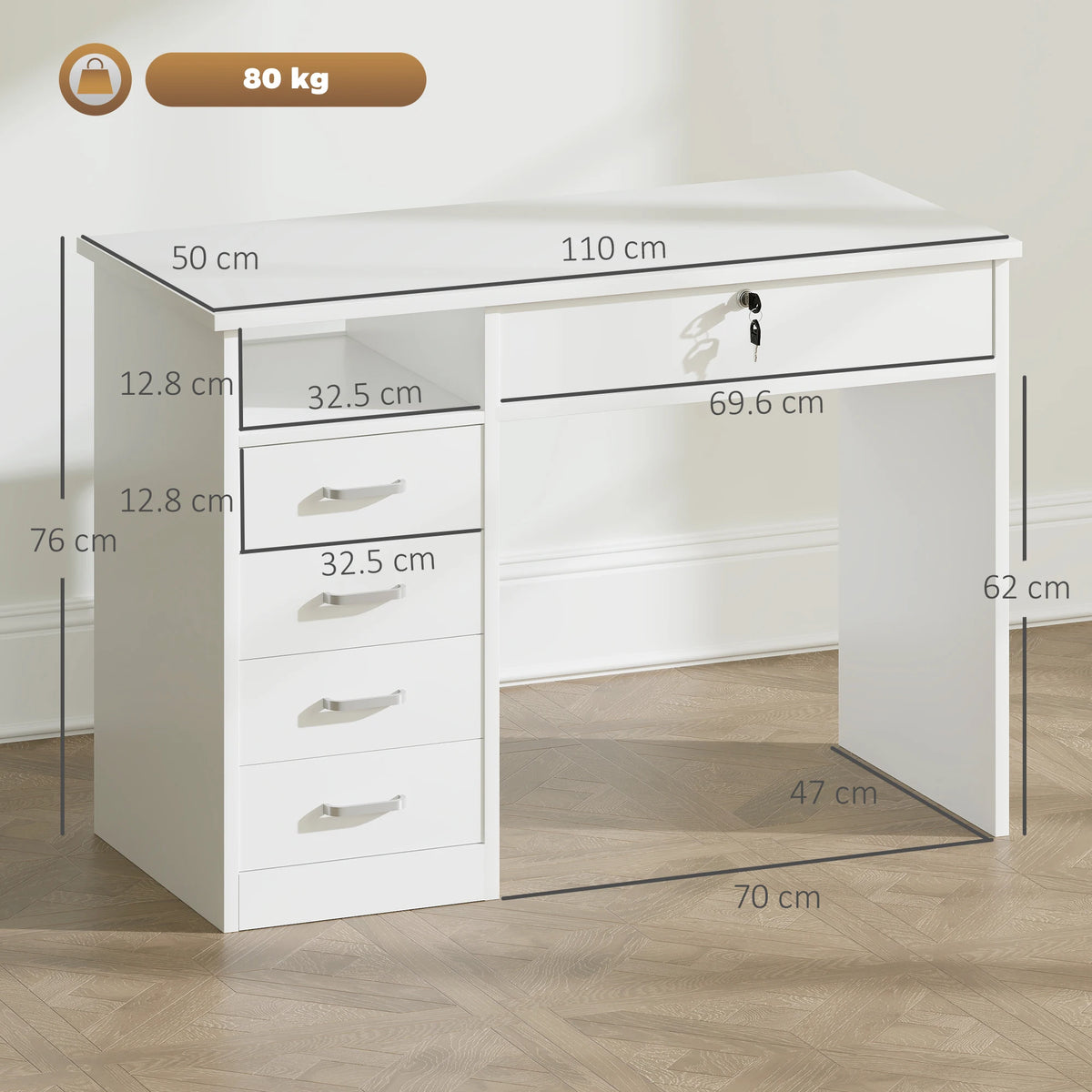 Computer Desk with 5 Drawers and Lockable Drawer, Home Office Writing Desk, 110 x 50 x 76 cm, White