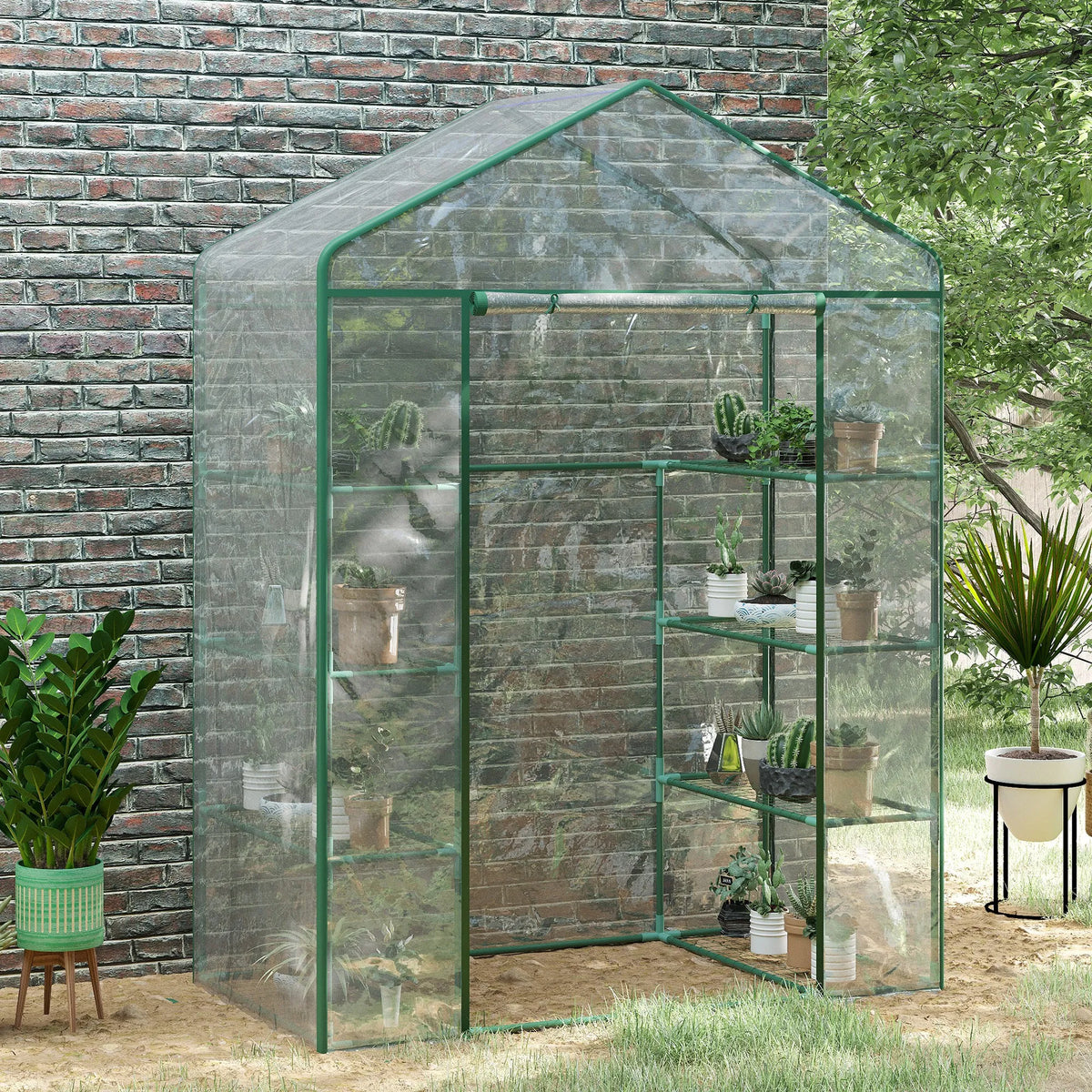 Walk In Greenhouse with 8 Grid Metal Rack Clear PVC Film Cover Steel Pipe Frame Transparent Grow House