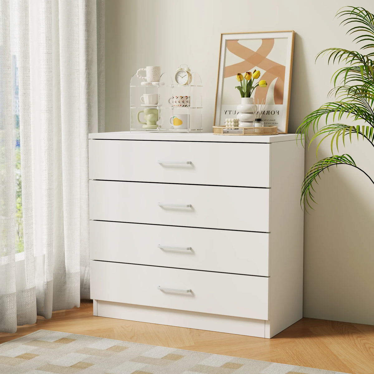 4 Drawer Chest of Drawers Hardwood HDF Construction Metal Handles Flat Panel Doors Bedroom Living Room