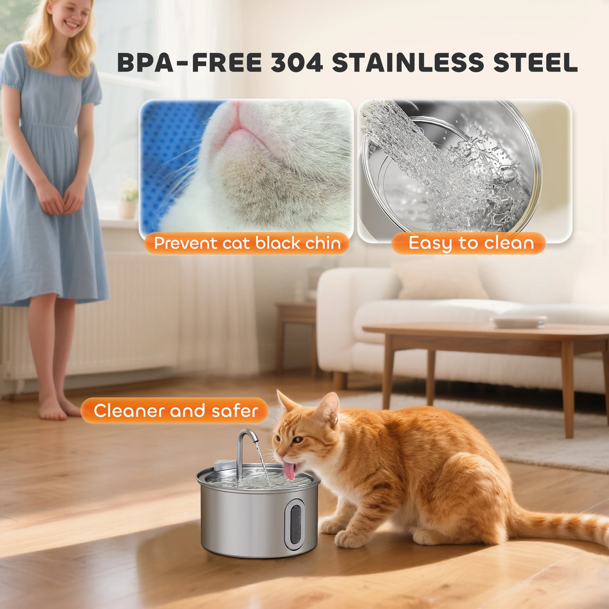 Cat Water Fountain 2.5L 304 Stainless Steel Ultra Silent Pump with Filter and LED Water Level Window