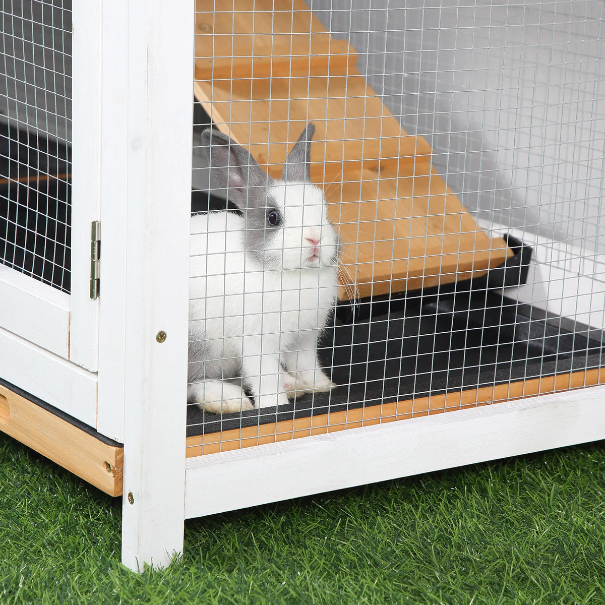 2 Tier Wooden Rabbit Hutch with Run Ramp and Slide Out Trays Fir Wood Asphalt Roof Guinea Pig Cage