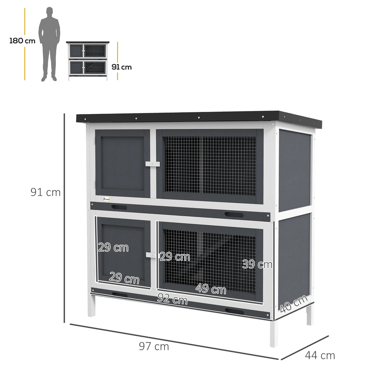 Two-Tier Wooden Rabbit Hutch with Ramp, Slide-Out Trays and Openable Roof, Grey
