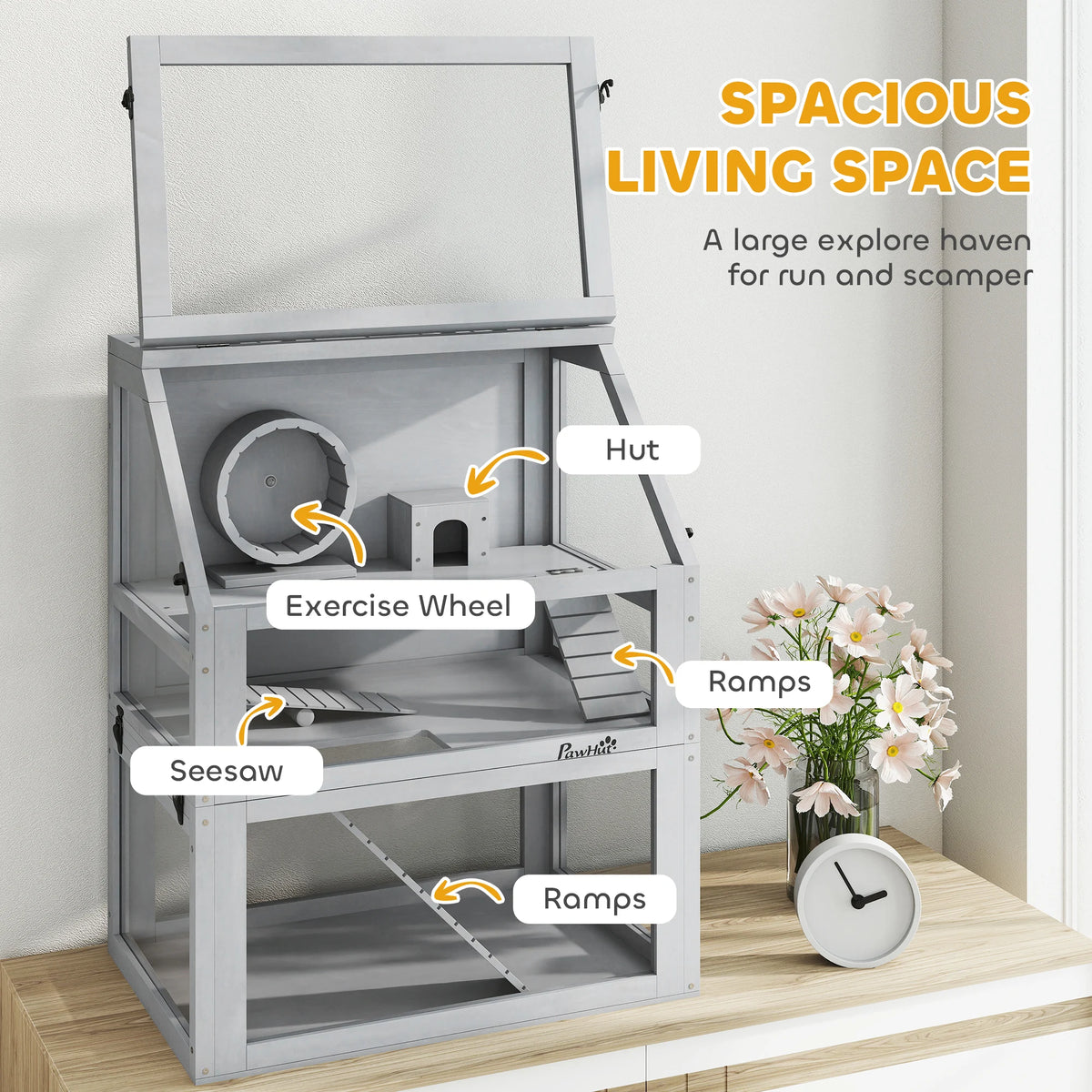3 Tier Wooden Hamster Cage with 32cm Deep Base Detachable Layers Seesaw Ramp Wheel and Acrylic Panels