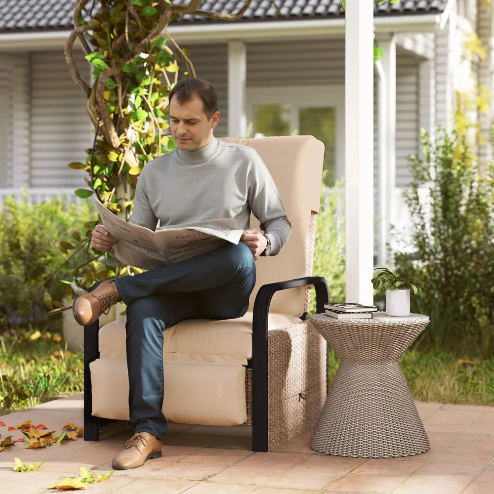 Reclining Rattan Armchair 140° with Footrest Side Table Cushion 120kg for Garden Pool Beach Patio Brown Khaki