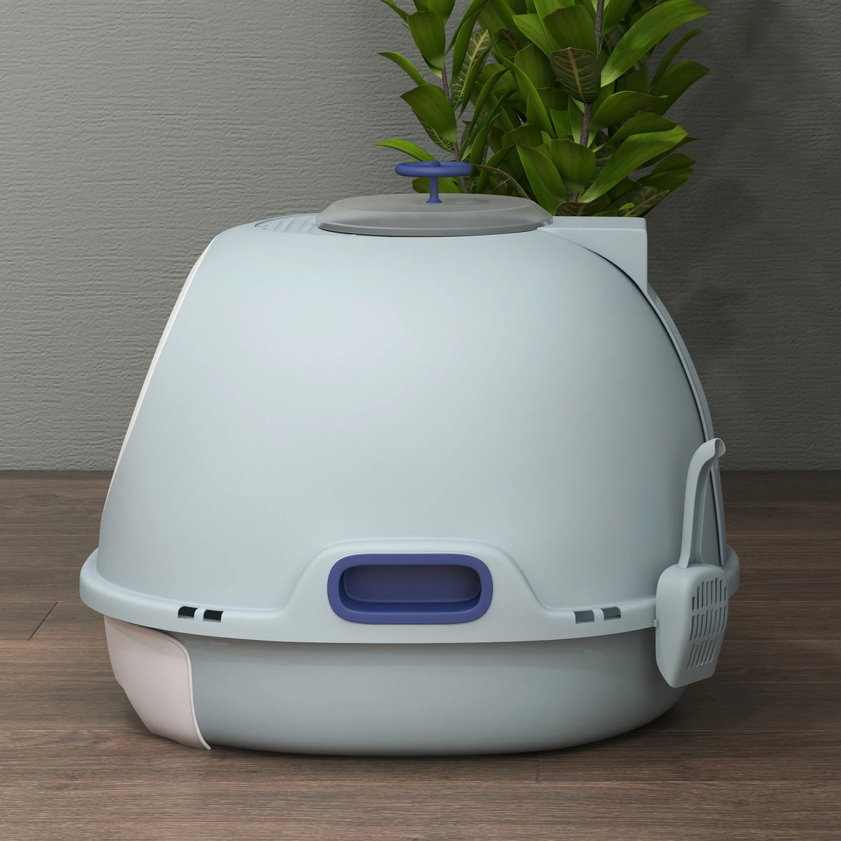 Capsule-Shaped Cat Litter Box with Front & Top Doors, Tile Blue