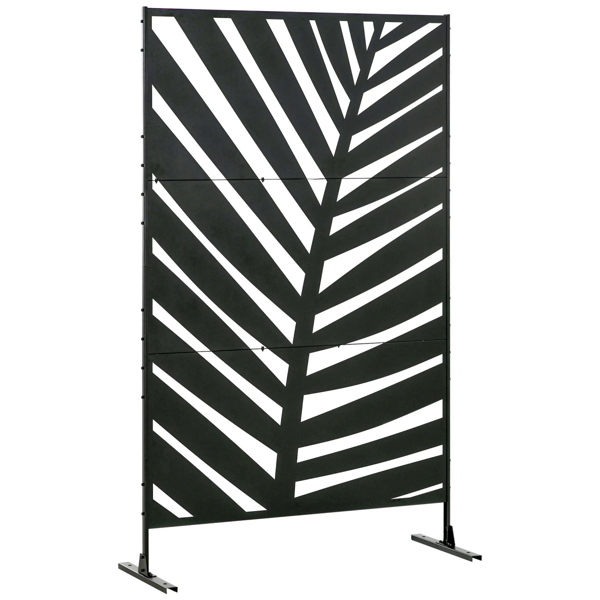 Freestanding Privacy Screen 198x122cm Metal Garden Divider with Banana Leaf Cut Out Design and Feet
