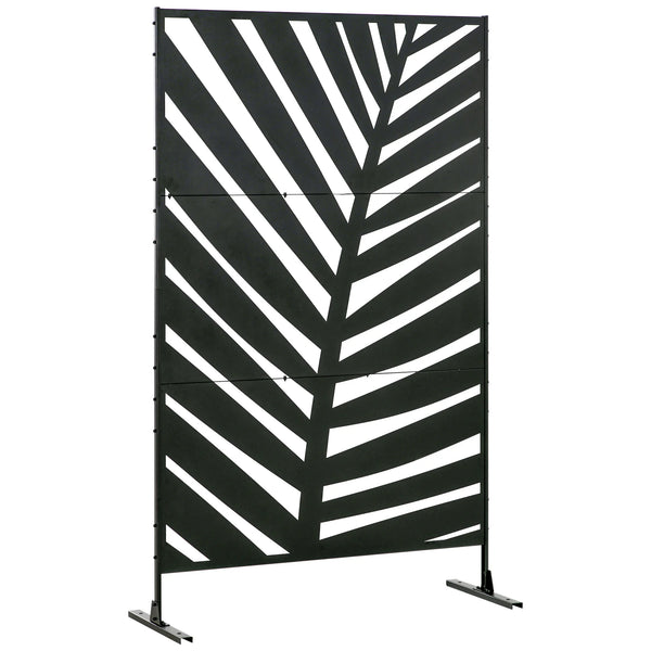 Freestanding Privacy Screen 198x122cm Metal Garden Divider with Banana Leaf Cut Out Design and Feet