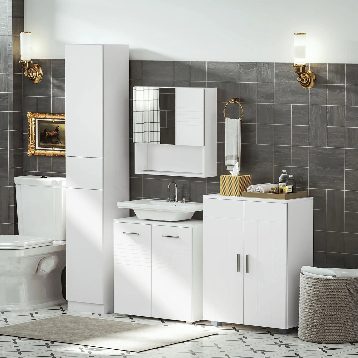 Storage Cabinet for Bathroom & Bedroom, Freestanding Cupboard with Door and Shelves, White