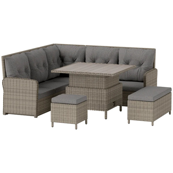6 Piece PE Rattan Corner Sofa Set with Lifting Coffee Table, Light Grey