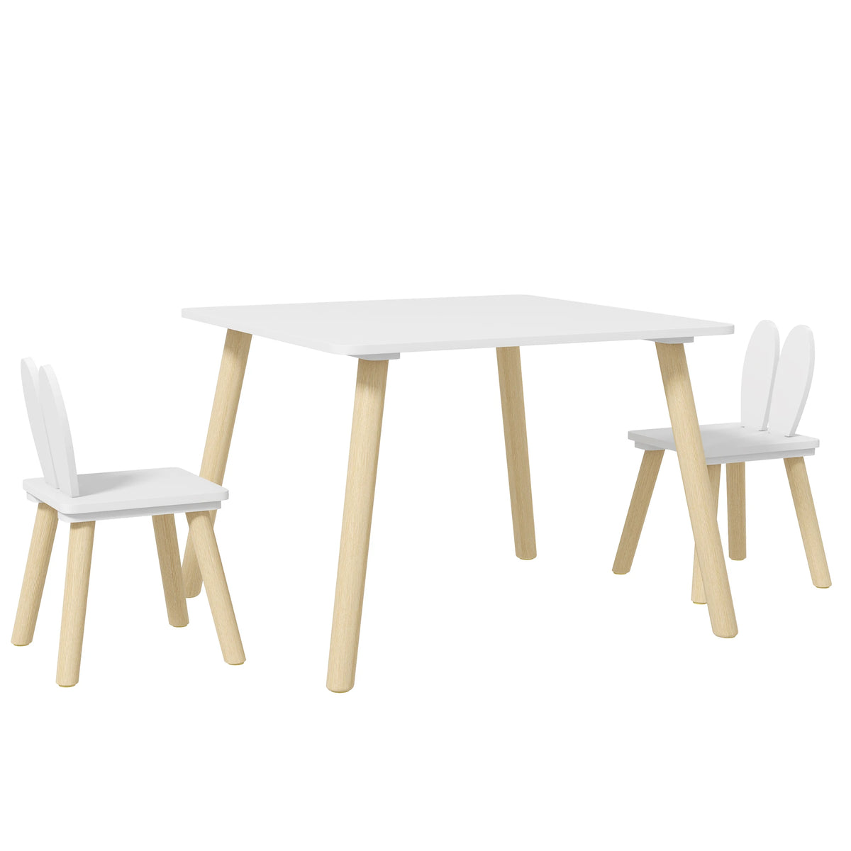 3 Piece Toddler Table and Chair Set with Bunny Ear Backrests MDF and Pine Wood Legs Chairs Tuck Under White