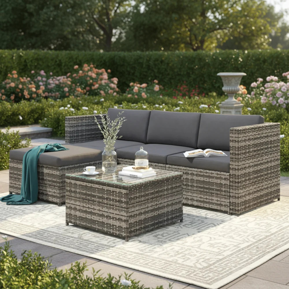 3-Piece Rattan Garden Corner Sofa Set with Glass-Top Coffee Table, Grey