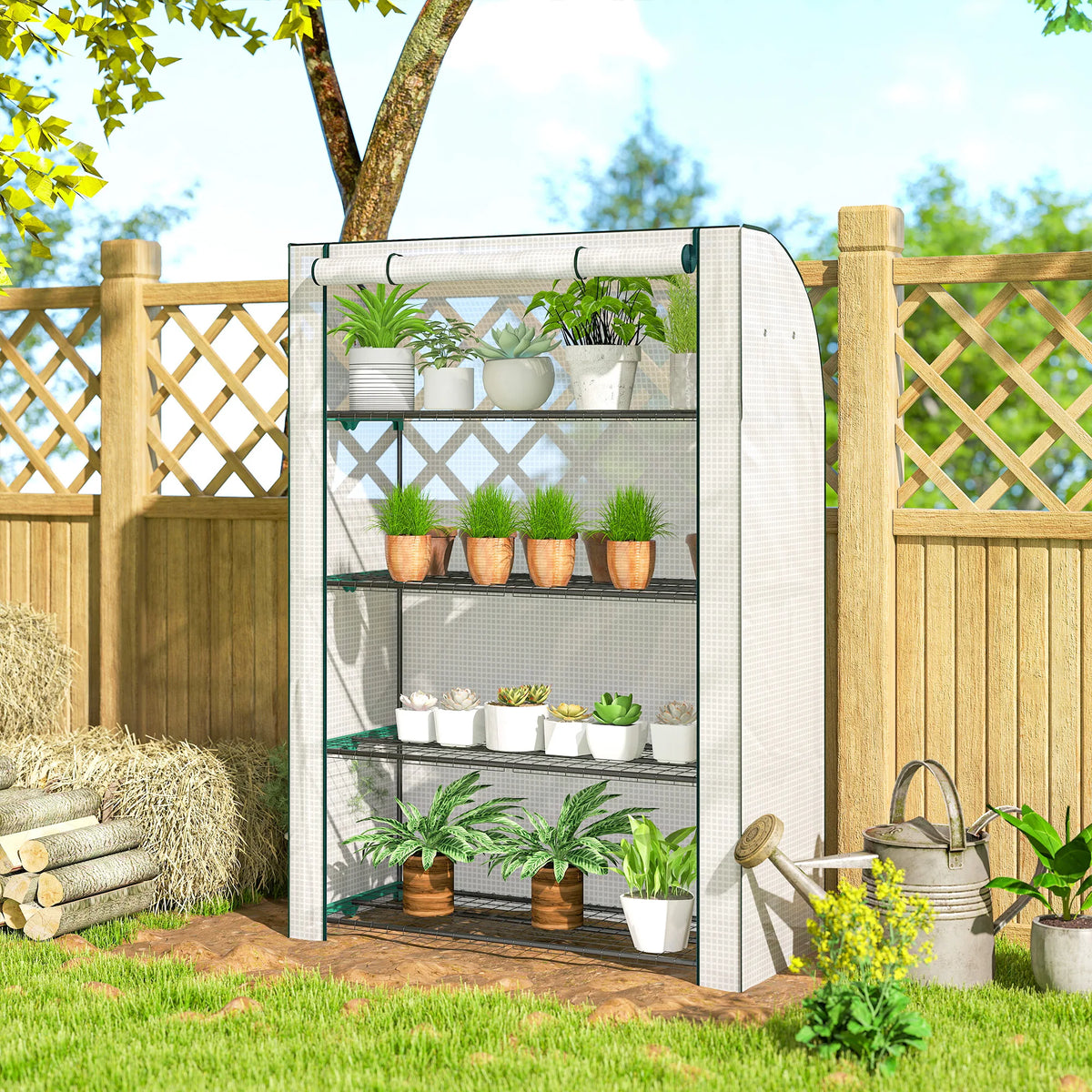 Mini Greenhouse with Reinforced PE Cover and 4 Shelves, Indoor and Outdoor, White