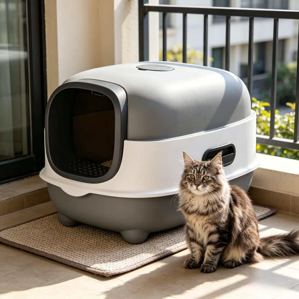 Large Enclosed Cat Litter Box Hooded Front Entry 34x56x38cm Anti-Splash with Scoop Grey