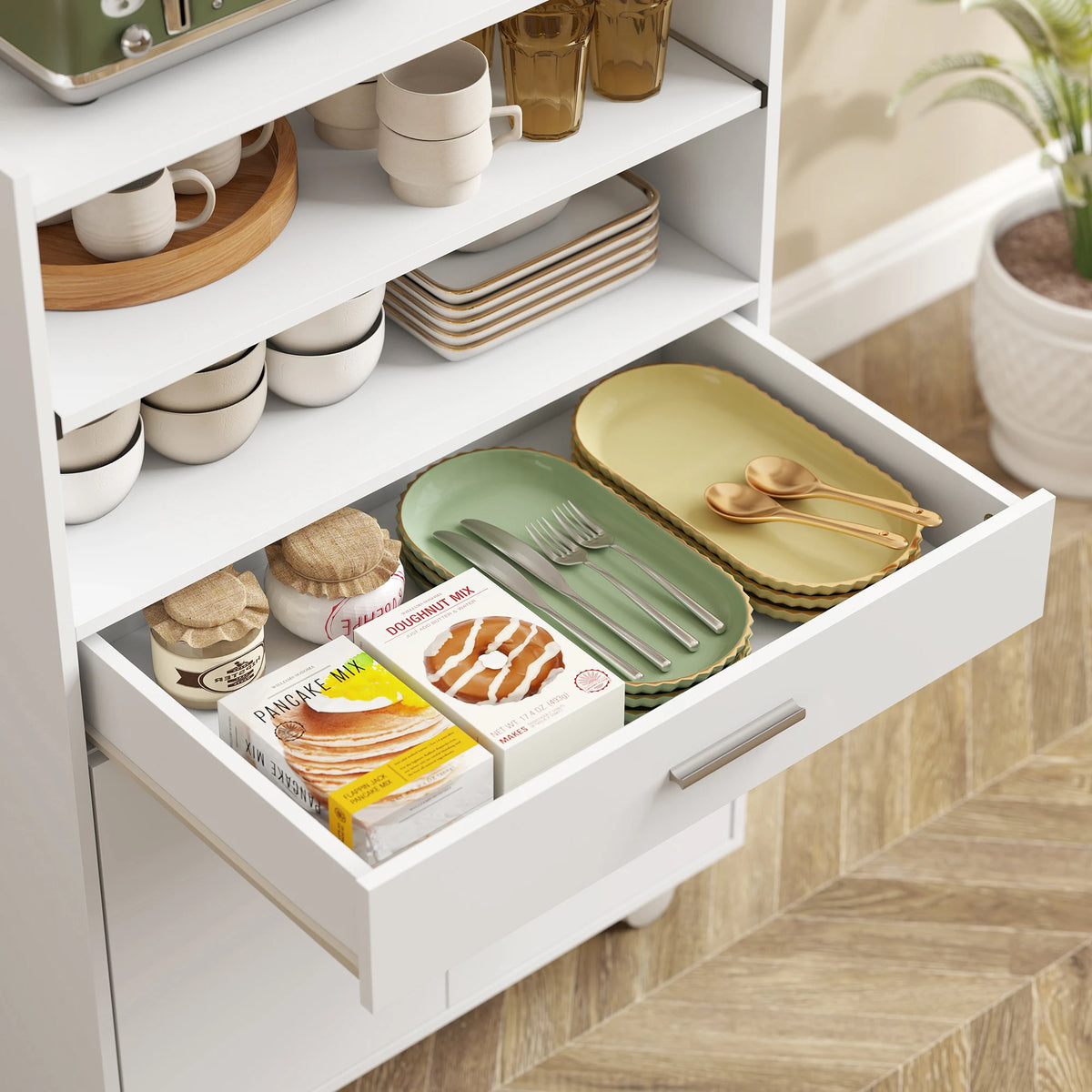 Kitchen Trolley Microwave Stand on Wheels with Slide-Out Shelf, Drawer and Cupboard, White