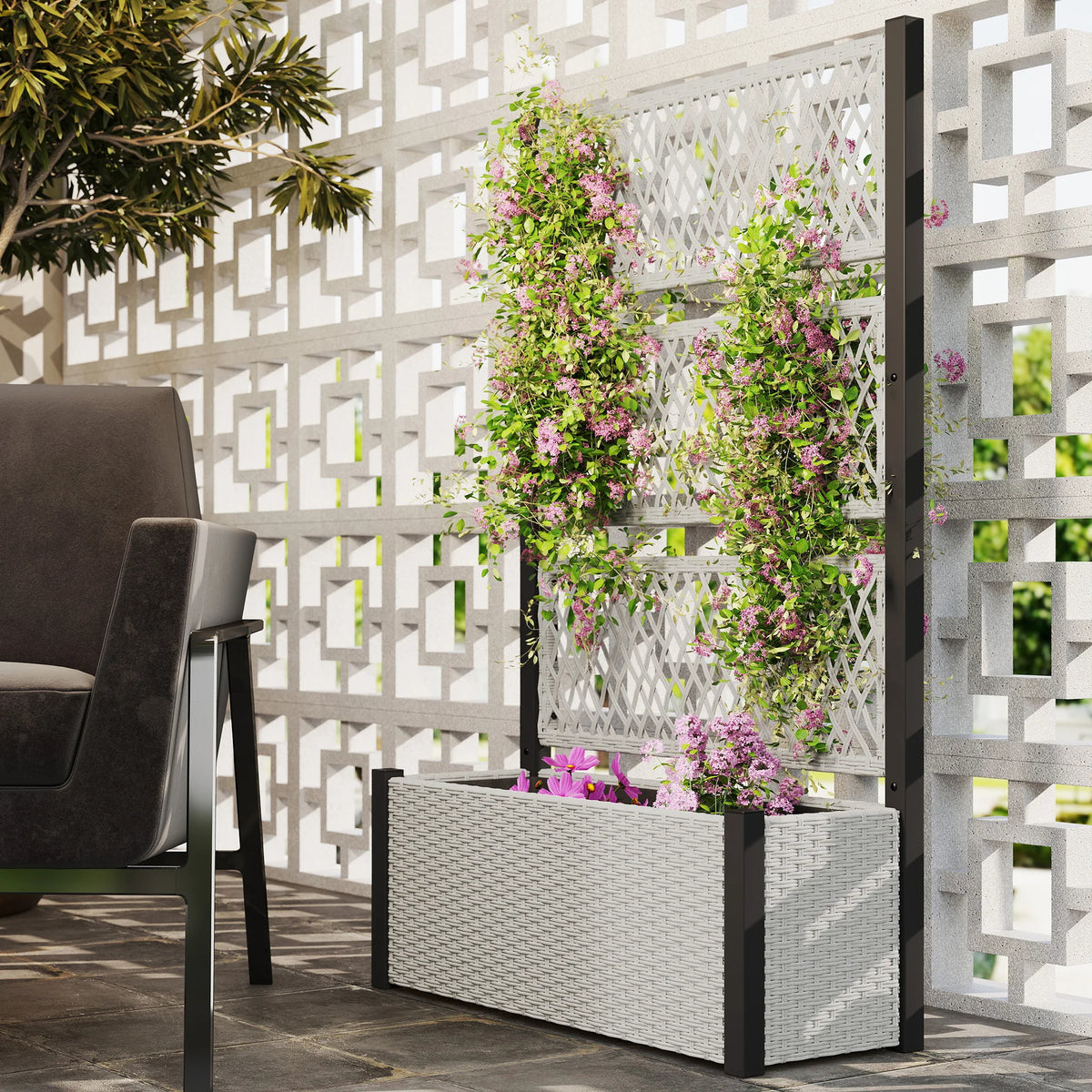 Raised Garden Planter Box with Trellis and Liner, Rattan Effect, 90 x 35 x 148cm