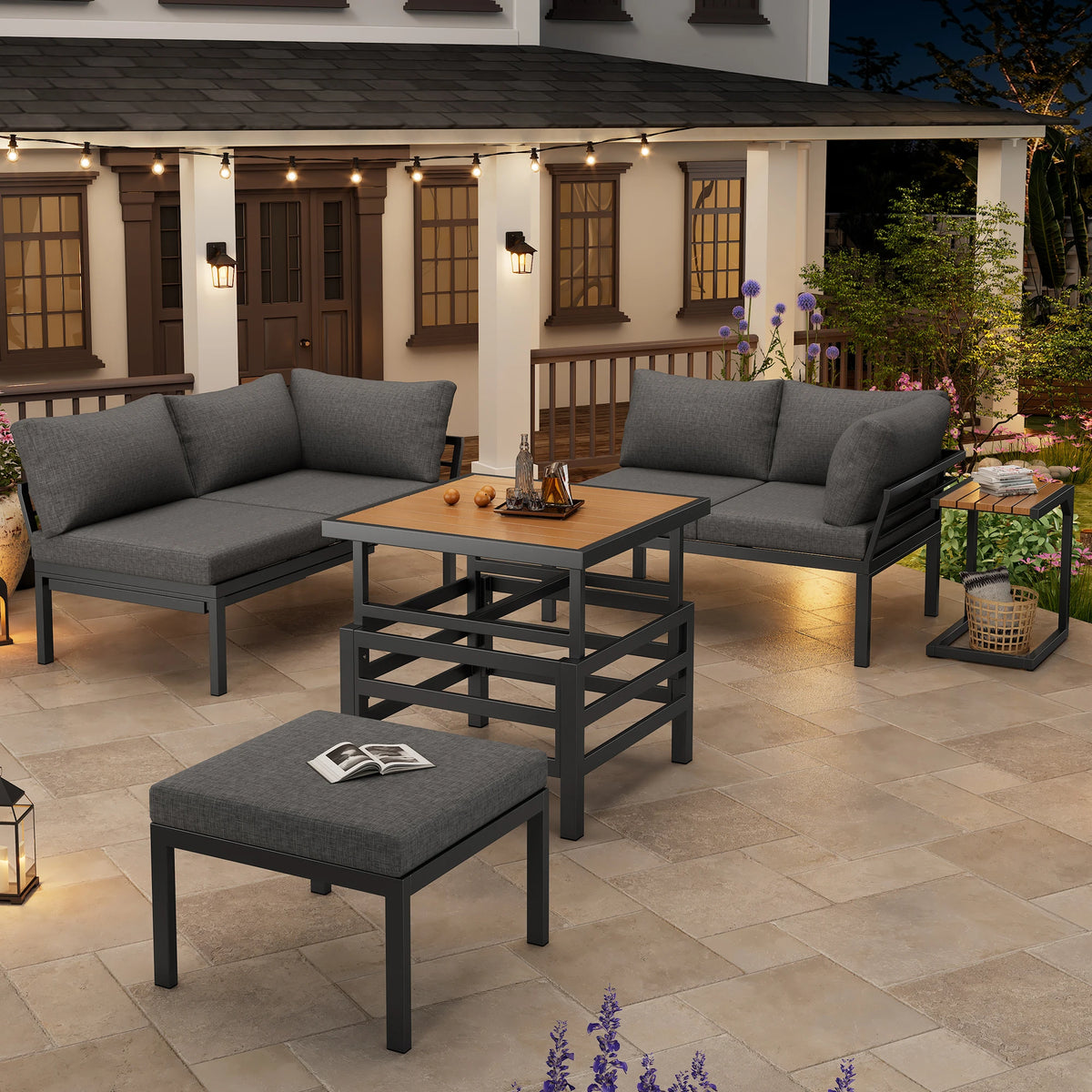 Outdoor Patio Furniture Set (2 Double Sofas + 1 Ottoman), Galvanized Iron Frame, with Seat Cushions & Pillows