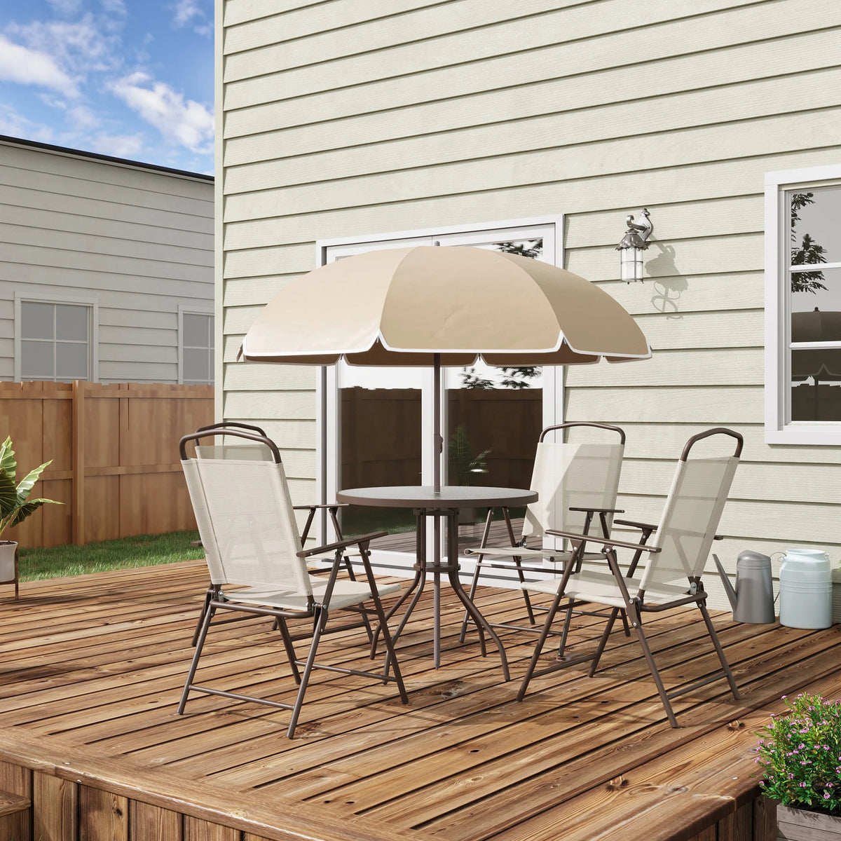 6 Piece Garden Dining Set with Parasol, Patio Table and 4 Chairs, Tempered Glass Top