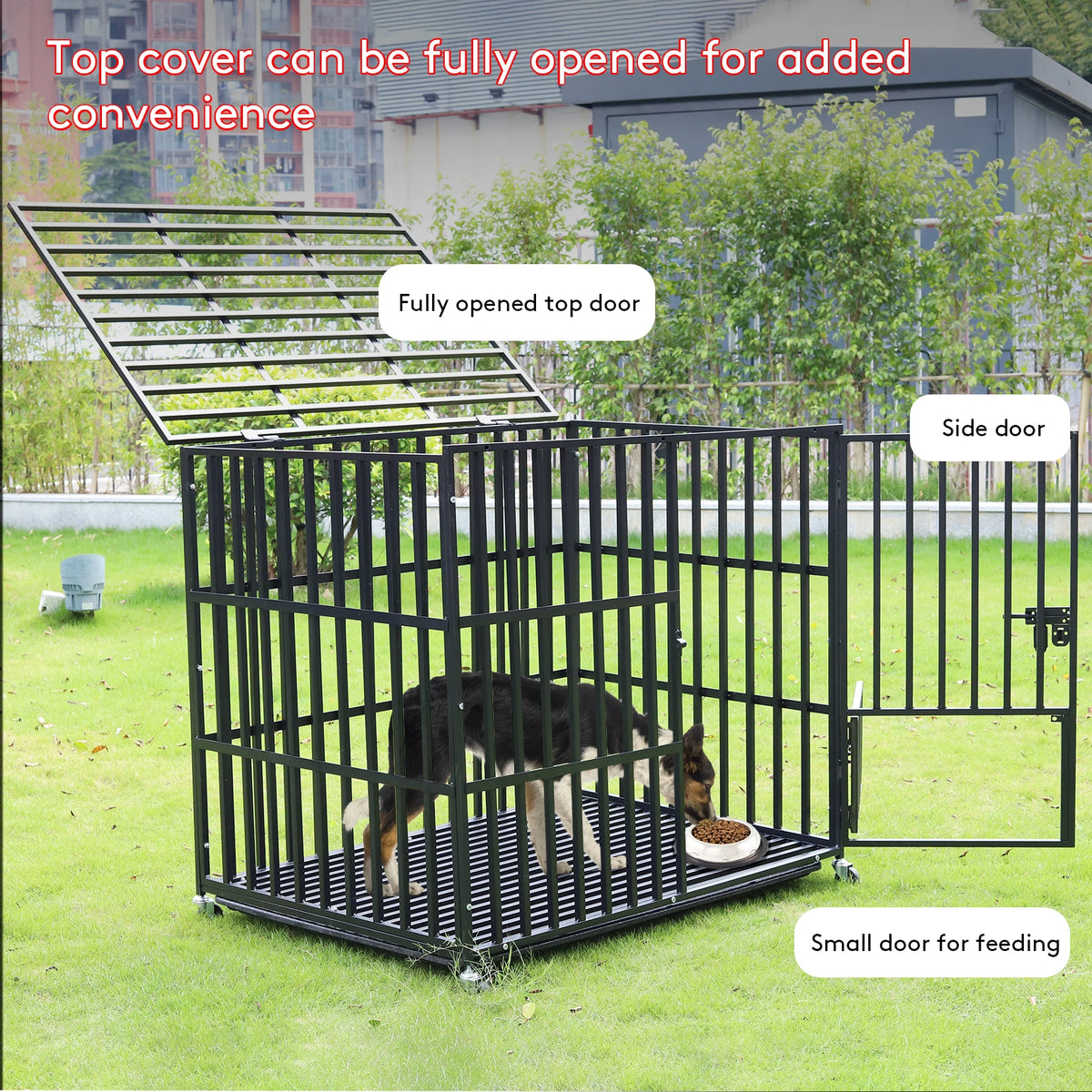 BINGOPAW Large Heavy Duty Dog Crate 95x57x81cm 4 Lockable Wheels 3 Doors Tray for Medium Large Dogs