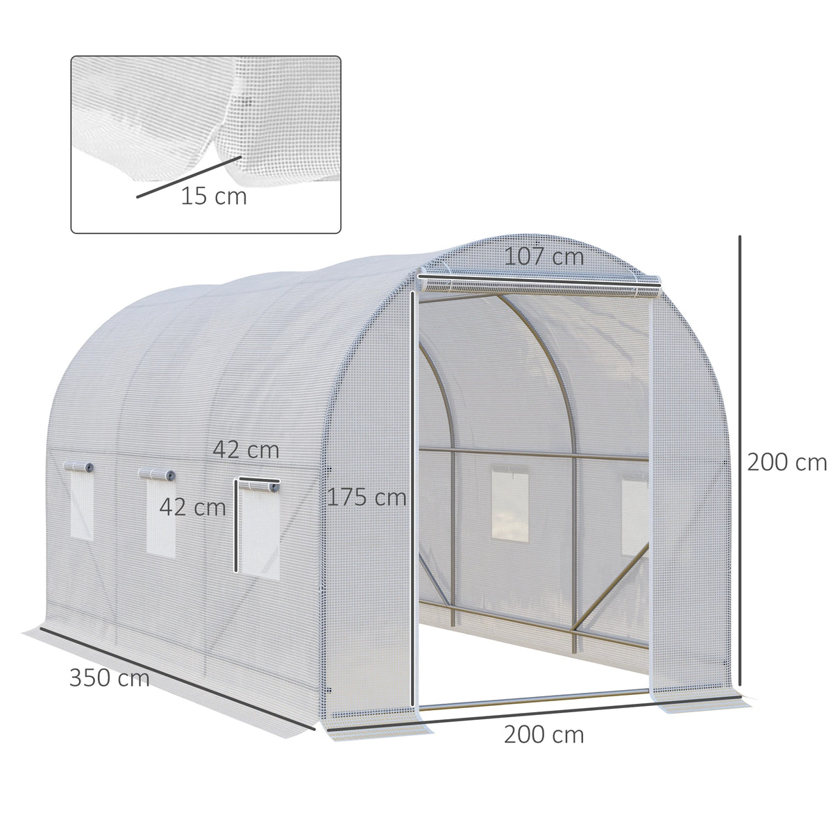 Walk In Polytunnel Greenhouse 3.5x2x2m with Mesh Windows Galvanised Steel Frame Grid Threaded PE Cover White