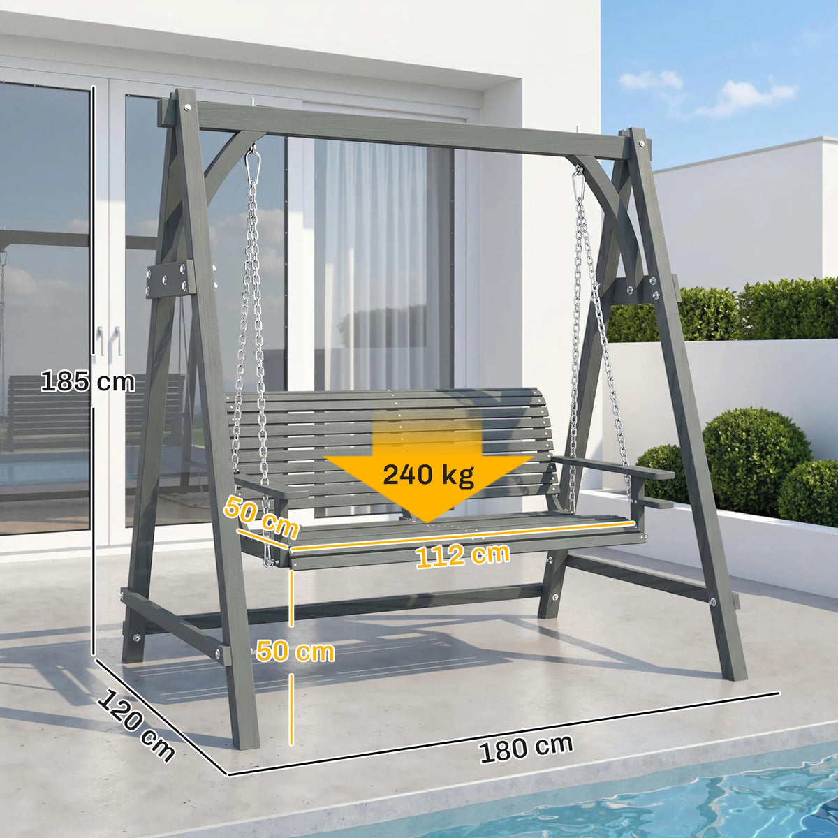 2 Seater Wooden Garden Swing Seat with Cup Trays and Galvanised Chains, Grey