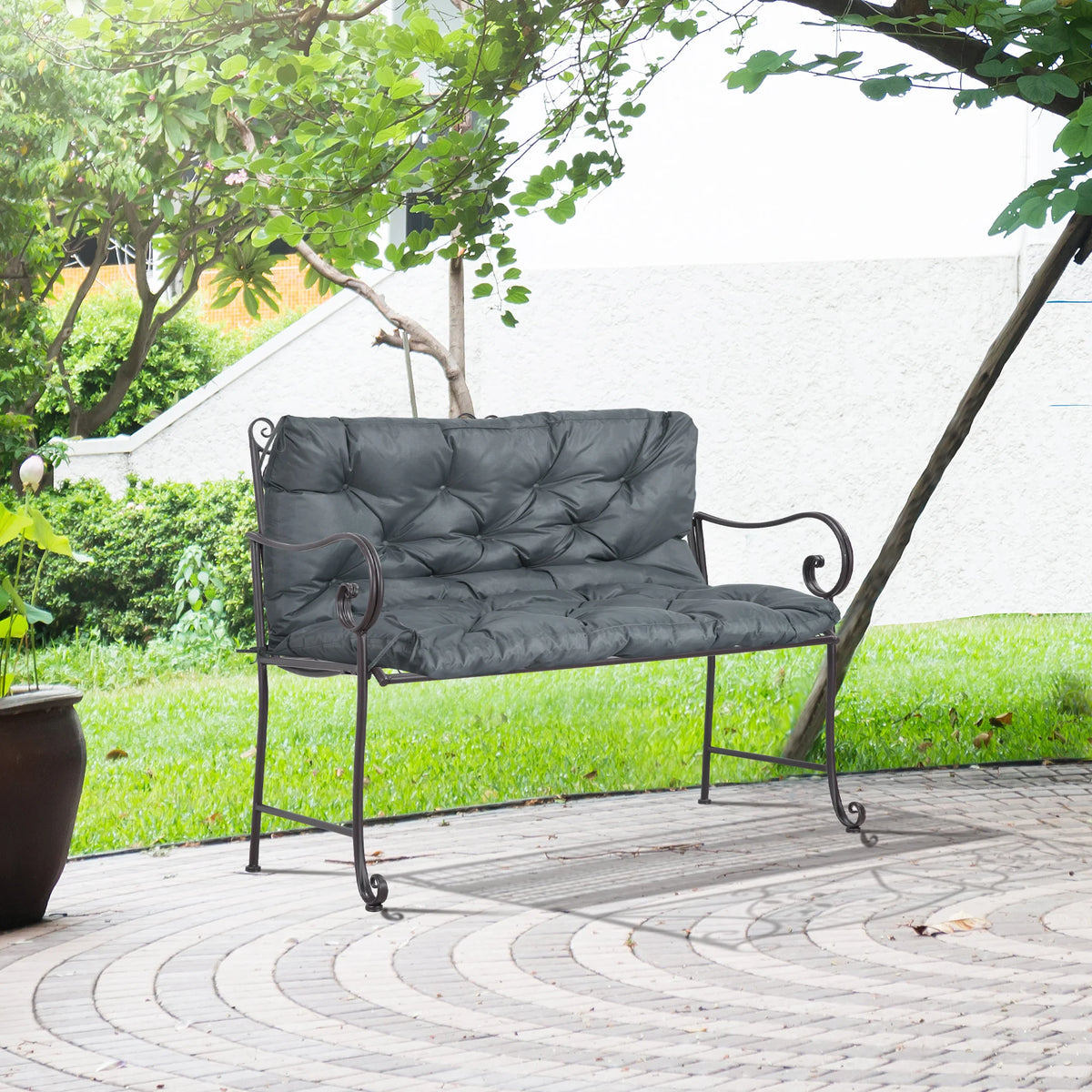 2 Seater Garden Bench Cushion, Outdoor Seat Pad with Ties, Dark Grey