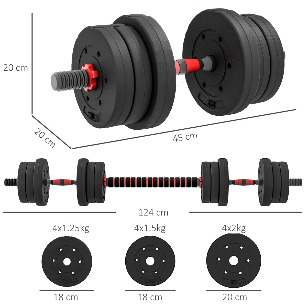 20kg Adjustable 2-in-1 Dumbbell and Barbell Weight Set, Black