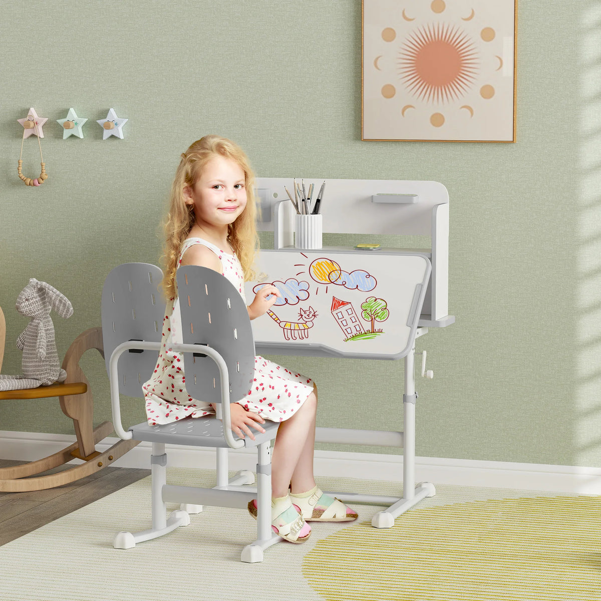 Height Adjustable Kids Study Desk with 0-45° Tiltable Top Drawer Bookshelf and Reading Rack Ages 3-13
