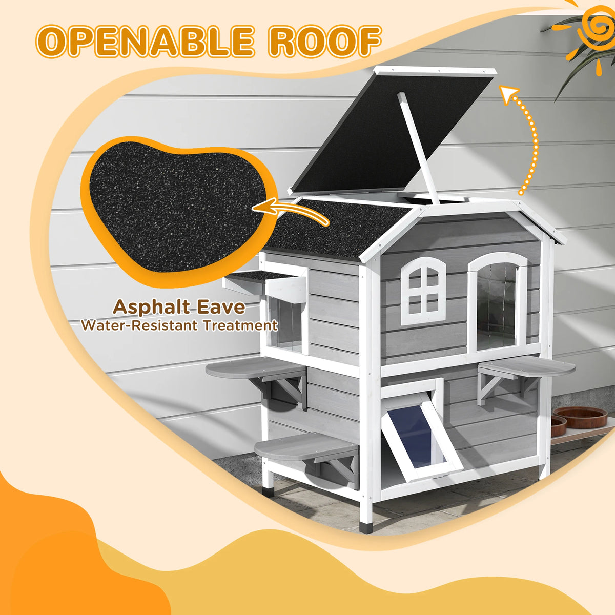 Two-Level Outdoor Wooden Cat House with Openable Roof and Multiple Entrances