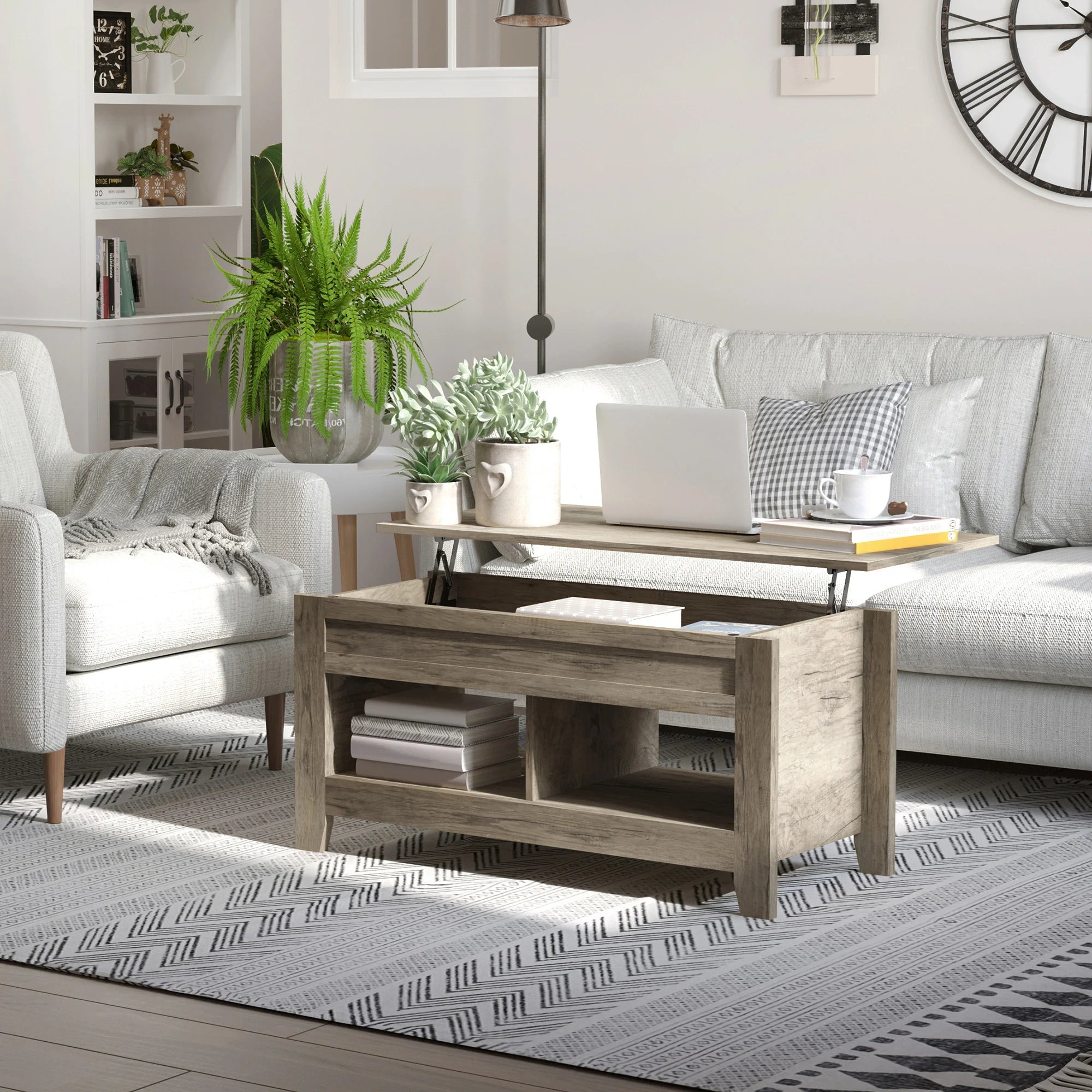 Lift Top Coffee Table with Hidden Storage Compartment and Shelves Rising Desk Oak Living Room Table